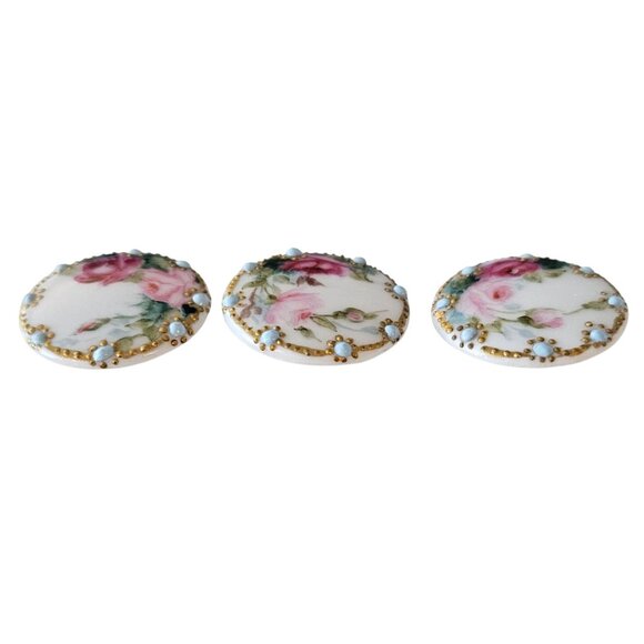 Antique Bone China Round Buttons, Self Shank, Hand Painted Roses, Pink, Blue - Picture 4 of 9